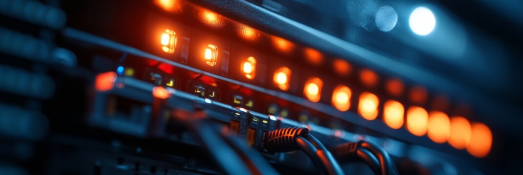 A modern data server rack is highlighted, revealing glowing LED indicators and fiber optic cables, conveying a sense of advanced technology and connectivity