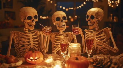 Druk Skeletons having party at home. Halloween funny design concept.