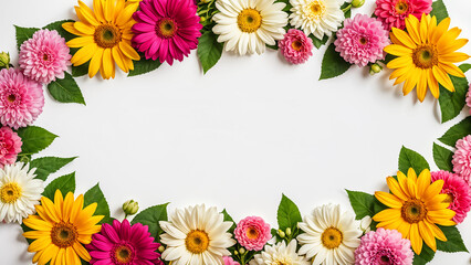 colorful flowers in corners on white background