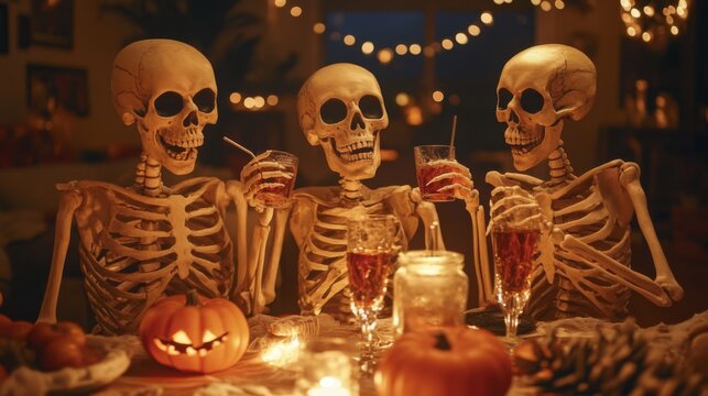 Druk Skeletons having party at home. Halloween funny design concept.
