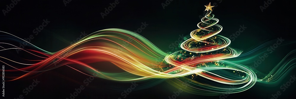 Poster Abstract lines uniquely form the outline of a Christmas tree, glowing with colors and capturing the spirit of the season. Generative AI