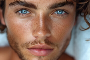 Obraz premium A close-up view of a young man showcasing his clear skin and striking blue eyes while relaxing outdoors on a sunny day
