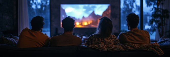 Obraz premium A group of friends gathers in a cozy living room, immersed in the warmth of shared laughter and stories while watching a movie projected onto a large screen