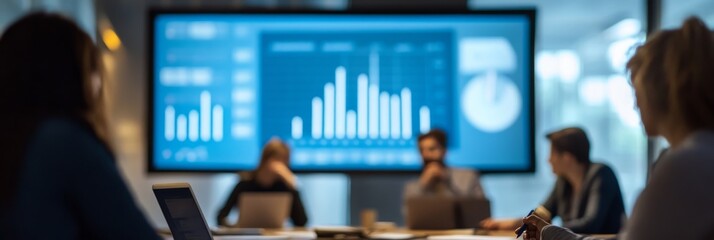 A group of marketing professionals engages in a collaborative discussion, analyzing analytical data projected on a large screen during a team meeting in a modern office setting