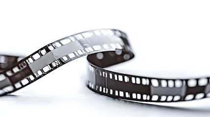 Fototapeta premium A stock photo of a film strip with a reel and film frames visible on a white background. The composition includes a subtle shadow effect to add depth and dimension to the film strip.
