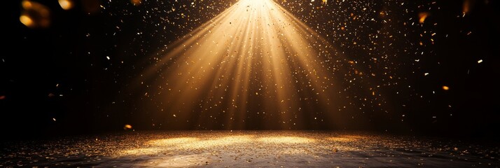 A dark stage is illuminated by a striking golden beam of light while gentle confetti falls, creating a magical atmosphere during a festive celebration