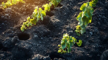 Volcanic vineyard at sunset. Grapes harvest in autumn season. Landscape in Lanzarote, Geria, Tuscany, Italy, Spain, Europe. High quality photo
