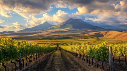 Fototapeta premium Volcanic vineyard at sunset. Grapes harvest in autumn season. Landscape in Lanzarote, Geria, Tuscany, Italy, Spain, Europe. High quality photo