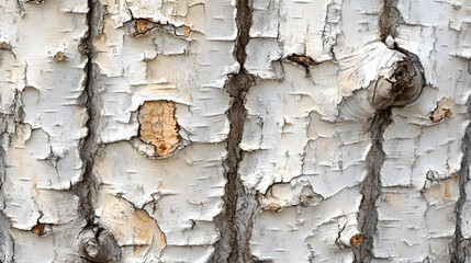 Detailed close-up of white birch tree bark, showcasing its unique texture and natural patterns in an outdoor setting.
