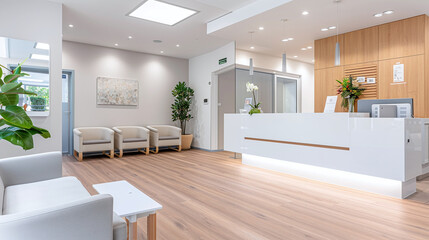Fototapeta premium a modern physiotherapy clinic interior, showcasing clean lines, state-of-the-art equipment, and a welcoming reception area.