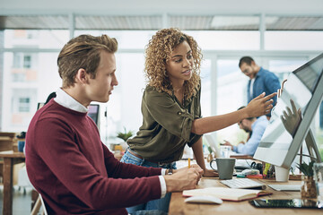 Employees, talking and computer for consulting in office, manager helping and internship advice. Staff, public relations agency and review discussion on press release, report and publicity coverage
