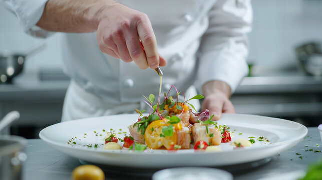 close-up of a passionate chef in crisp white uniform plating an intricate dish, focused intently on the final touches