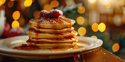 Eggnog pancake stack topped with a decadent drizzle of eggnog caramel sauce