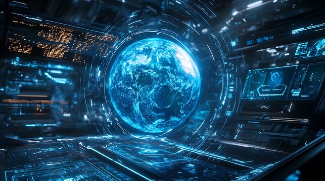 Futuristic Control Room with a Holographic Earth Projection