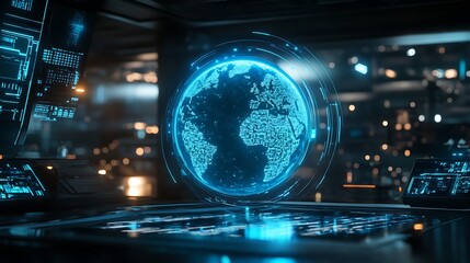 Holographic Earth Globe in a Futuristic Control Room