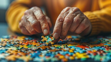 Elderly Hands Completing Jigsaw Puzzle - Close Up