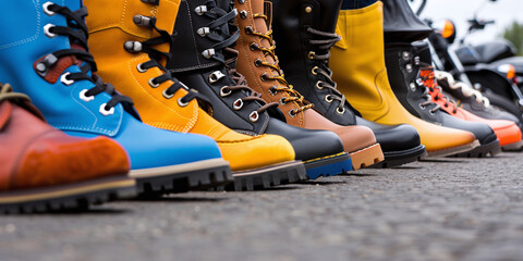 a row of diverse motorcycle boots lined up, representing different riding styles and the unity of bikers