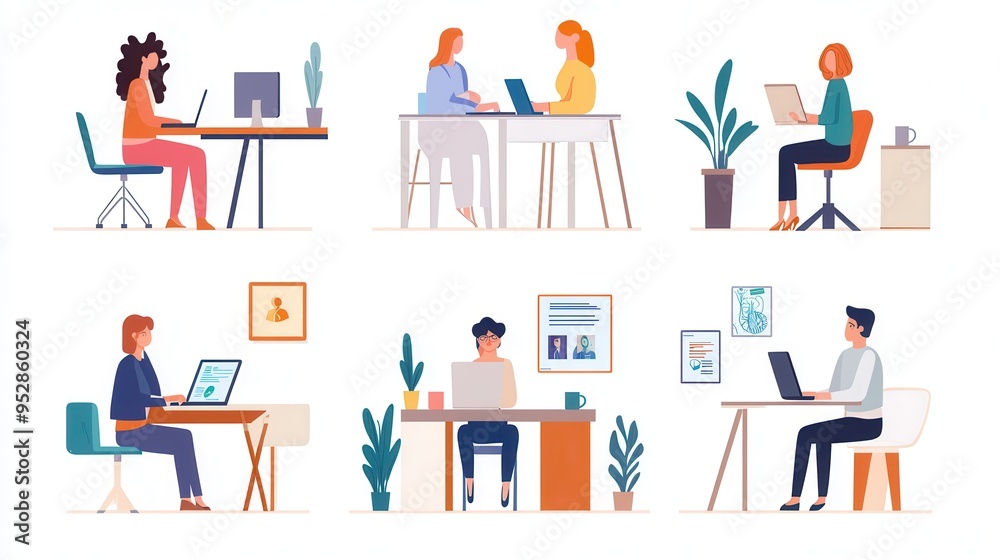 Aufkleber A group of people engages with computers at various workstations, showcasing teamwork and productivity in a bright office environment. Generative AI