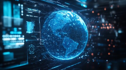 A Holographic Earth Globe with Data Streams Displayed on a Futuristic Interface