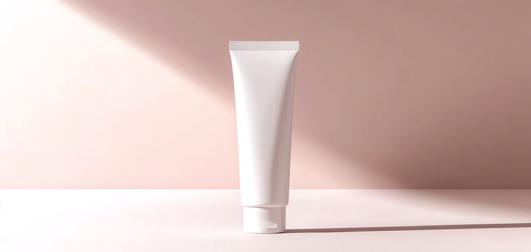 White tube packaging mockup on a light pink surface.