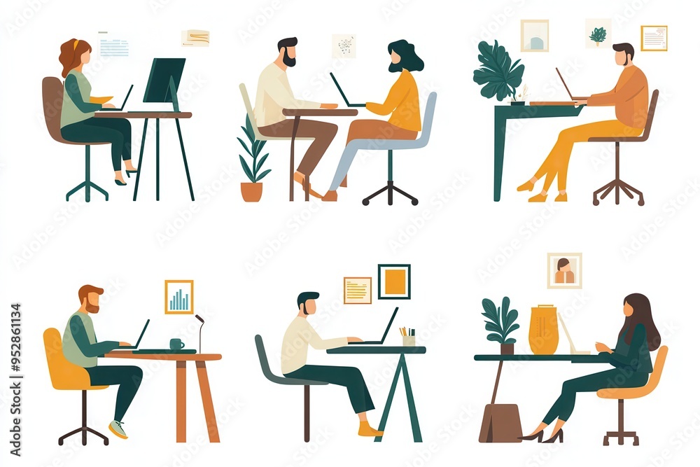 Poster individuals are focused on their laptops at home or in an office, participating in a virtual meeting
