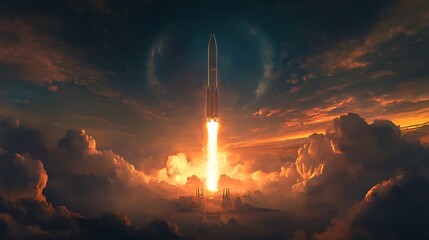 Naklejka premium A Rocket Launches Through Dramatic Clouds During Sunset