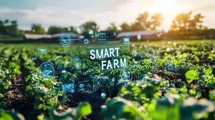 Smart farm with advanced technology and tractor in a lush green field