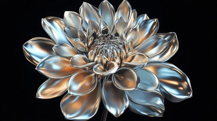 Chrome liquid metal dahlia flower. 3D render, modern design. Isolated holographic futuristic floral icon. Y2K, brutalism retro futurism concept.