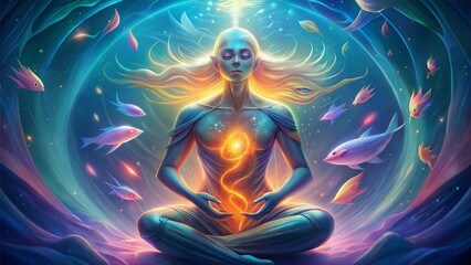 Mystical Meditation with Glowing Energy, Restorative Yoga Pose, Spiritual Awakening

