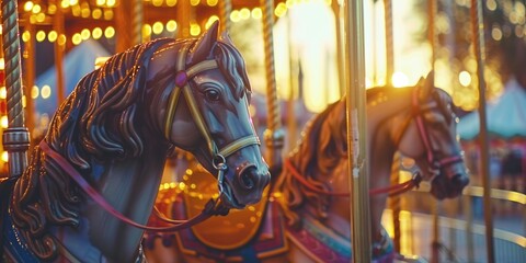 Gorgeous horses on a revolving carousel at the amusement park at dusk