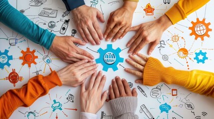 Obraz premium Teamwork Collaboration Hands Global Gear Business Concept
