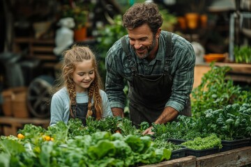 A sustainable living scene, featuring a family tending to their vegetable garden. Generative AI