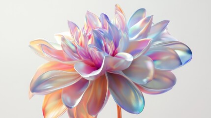 Fototapeta premium Chrome liquid metal dahlia flower. 3D render, modern design. Isolated holographic futuristic floral icon. Y2K, brutalism retro futurism concept.