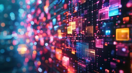 Obraz premium Abstract Digital Technology Background with Colorful Squares and Bokeh Lights