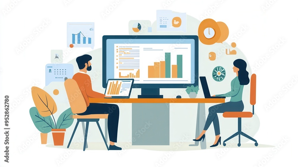 Aufkleber Colleagues engage in a discussion while reviewing performance metrics and graphs on their computer screens in a contemporary office environment. Generative AI