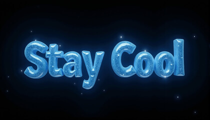 Obraz premium Stay Cool in blue sparkling 3D text on a black background, surrounded by small white dots, creating a cool and inviting atmosphere.