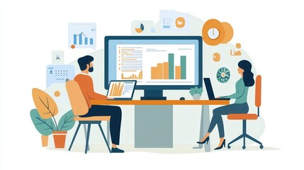 Colleagues engage in a discussion while reviewing performance metrics and graphs on their computer screens in a contemporary office environment. Generative AI