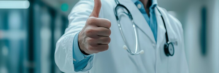 A doctor in a white coat with a stethoscope gives a thumbs up in the background of the clinic