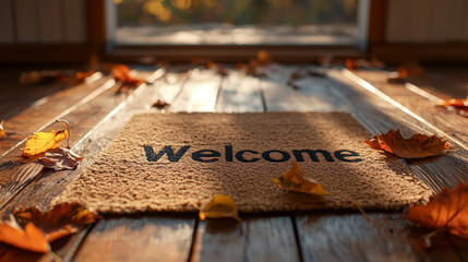 Welcome Mat with Autumn Leaves on Wooden Floor