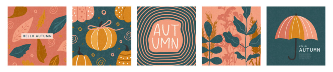 Set of autumn cards with fall leaves, plants, pumpkins and umbrella. Modern autumn poster in warm colors with grainy texture. Autumn background, web banner or flyer design. Template for advertising
