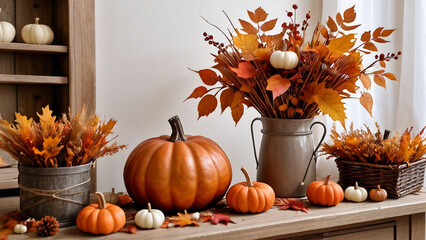 Autumn, fall home design, leaf, leaves, pumpkin, vase