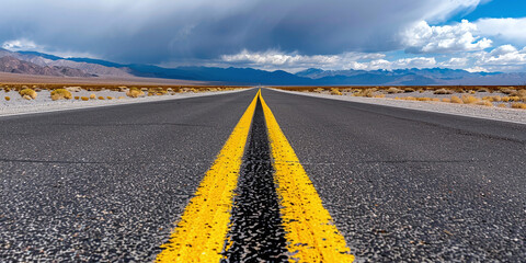 Naklejka premium an open road stretching into the distance with a single motorcycle track imprinted on it, symbolizing the journey ahead