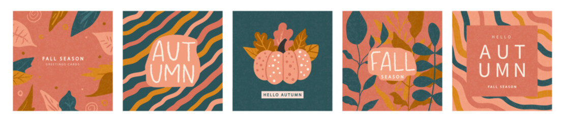 Set of autumn cards with fall leaves, plants and pumpkin. Modern autumn poster in warm colors with grainy texture. Abstract autumn background, web banner or flyer design. Template for advertising