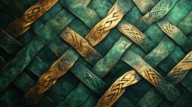 captivating celtic banner with green and gold interlaced designs, forming an intriguing celtic art background concept