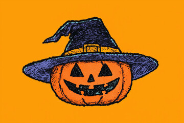 Drawing of Halloween Pumpkin with Witch Hat on Orange Background