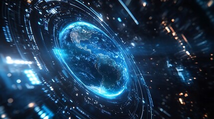 Earth Surrounded by a Futuristic Blue Interface
