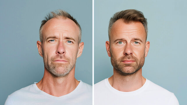 before and after man's hair treatment or FUE,  hair restoration technique