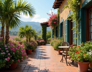 Sunny terrace surrounded by colorful flowers, invites relaxation, offering breathtaking view and cozy spot with table chairs. Terrace adorned with blooming flowers and scenic mountains. Generative AI.