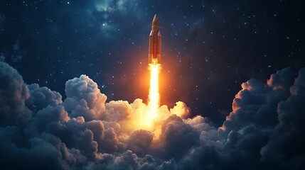 Rocket Launch Through Clouds Against a Starry Night Sky
