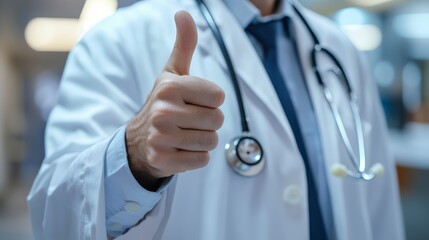 A doctor in a white coat with a stethoscope gives a thumbs up in the background of the clinic